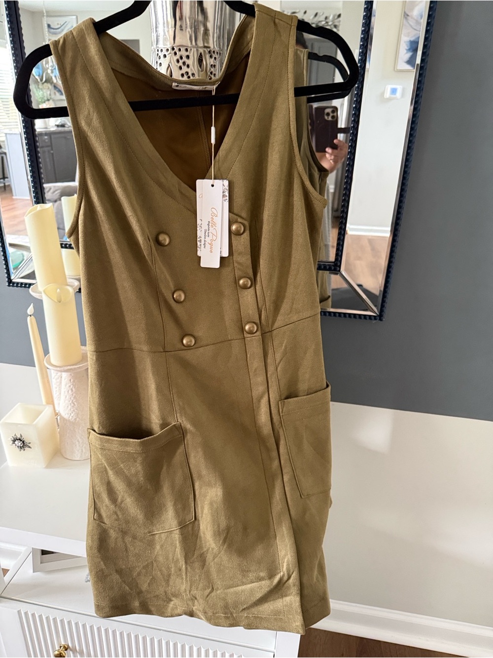 Button-Front Olive Midi Shift Dress with Patch Pockets Olive Green